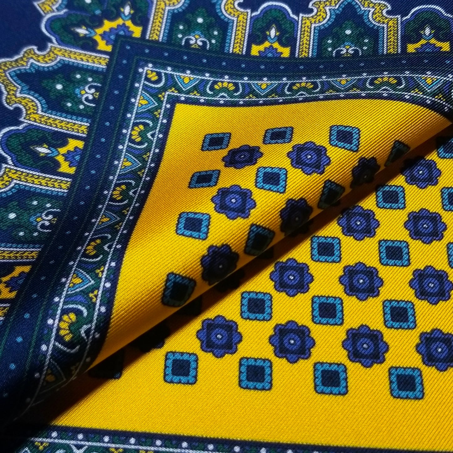 17" Yellow & Blue Geometric Silk Twill Pocket Square