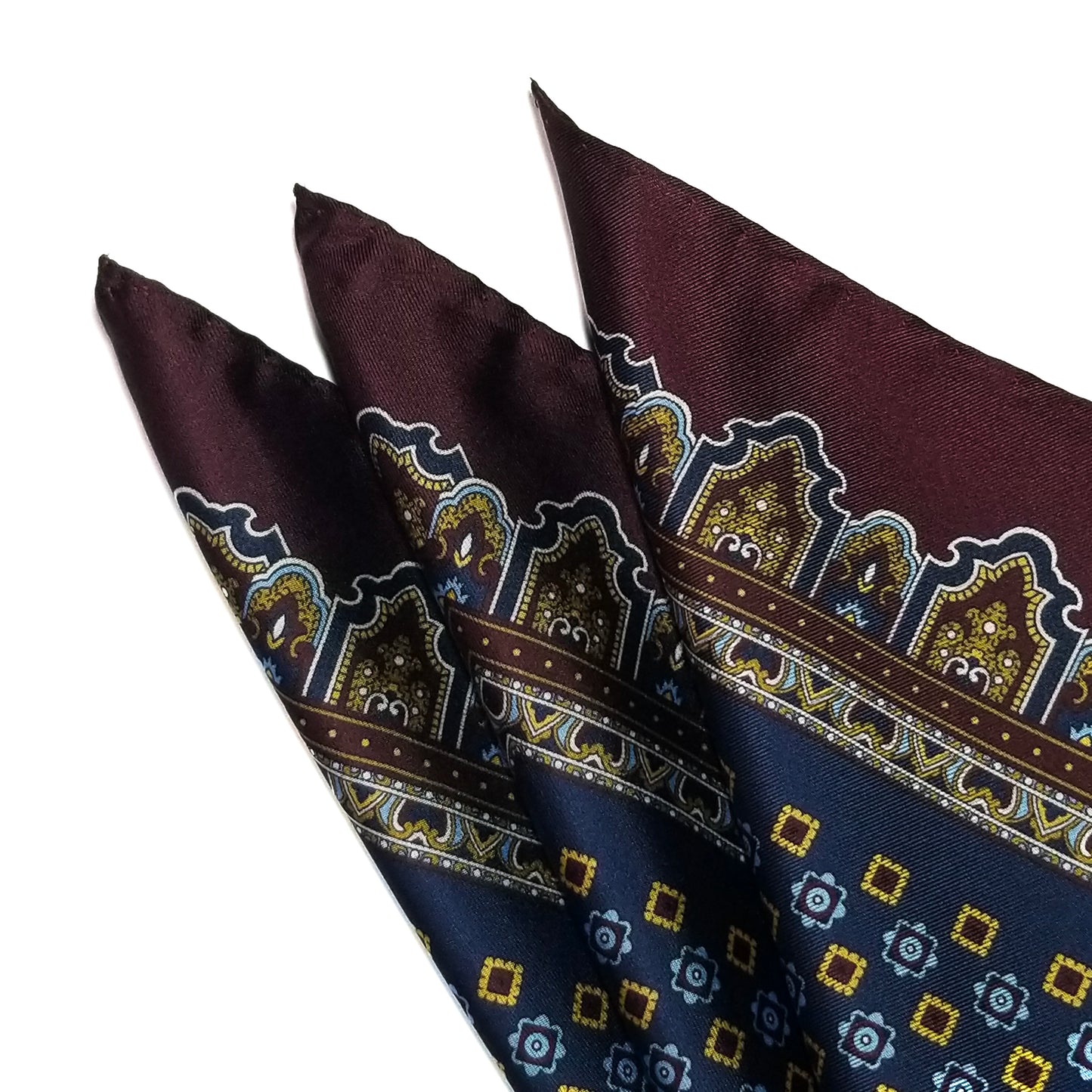 17" Navy Blue / Burgundy Floral Silk Twill Pocket Square