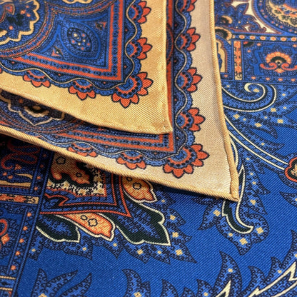 Egyptian Blue & Cream Floral Motif Ancient Madder Silk Pocket Square