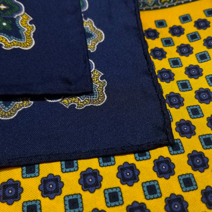 17" Yellow & Blue Geometric Silk Twill Pocket Square