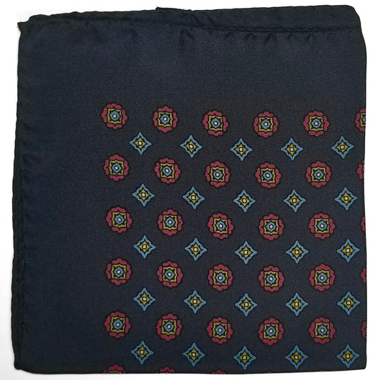 12.5" Navy Blue Geometric Silk Twill Pocket Square