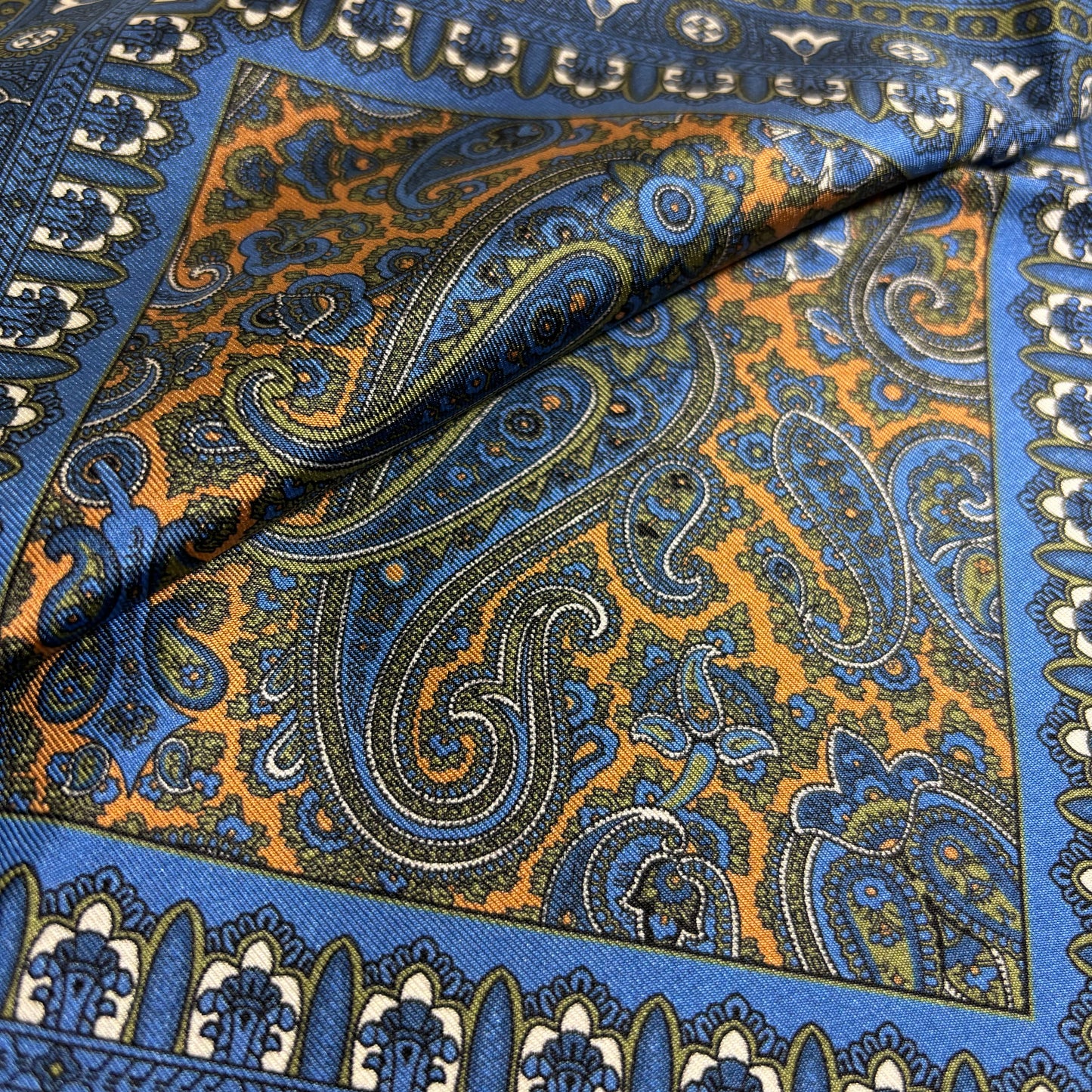 Honey Orange & Blue Paisley Silk Pocket Square