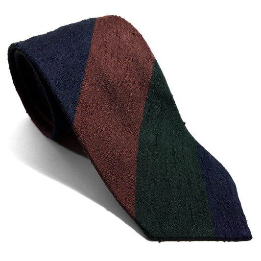 Untipped Navy Blue / Green / Brown Block Stripe Silk Shantung Tie