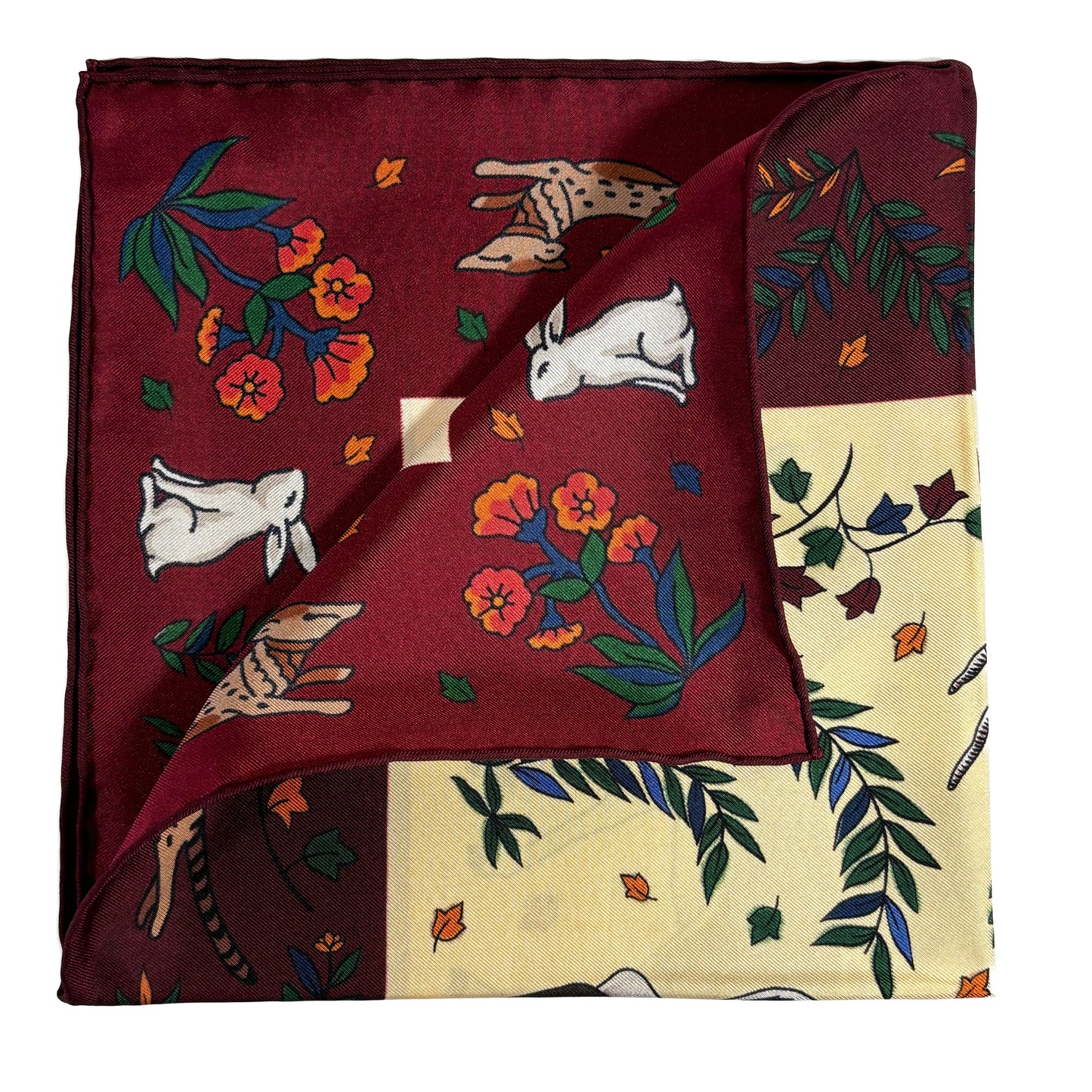 Ivory & Burgundy Gazelle Motif Ancient Madder Silk Pocket Square