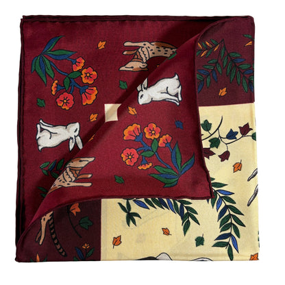 Ivory & Burgundy Gazelle Motif Ancient Madder Silk Pocket Square