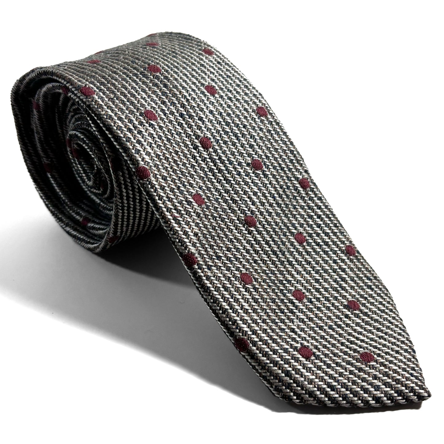 Earthy Gray & Red Polka Dot Silk Jacquard Tie
