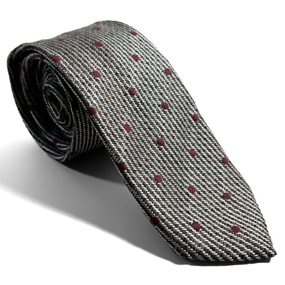 Earthy Gray & Red Polka Dot Silk Jacquard Tie