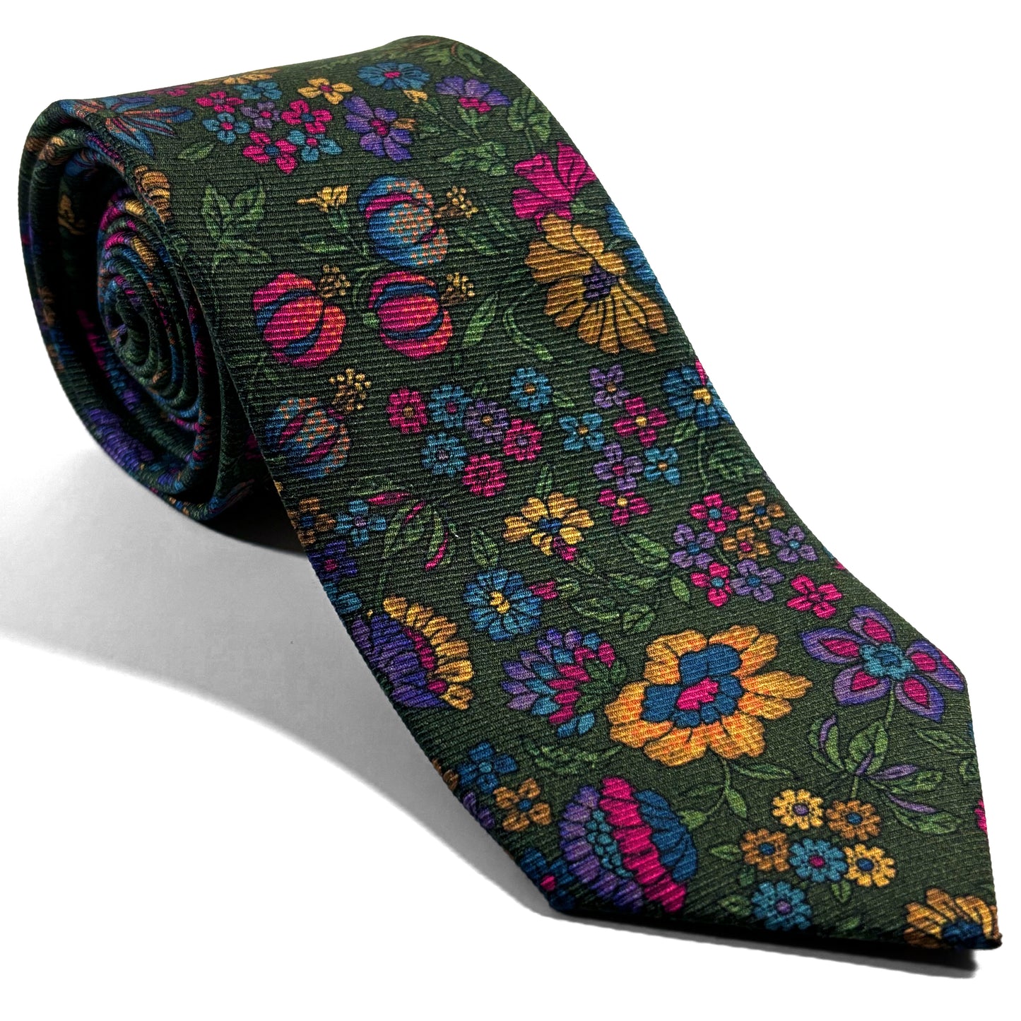 Forest Green Floral Motif Italian Madder Silk Tie
