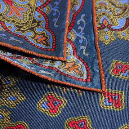 Navy Blue & Olive Green Medallion Ancient Madder Silk Pocket Square