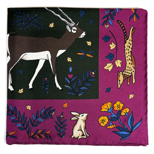 Forest Green & Purple Gazelle Motif Ancient Madder Silk Pocket Square