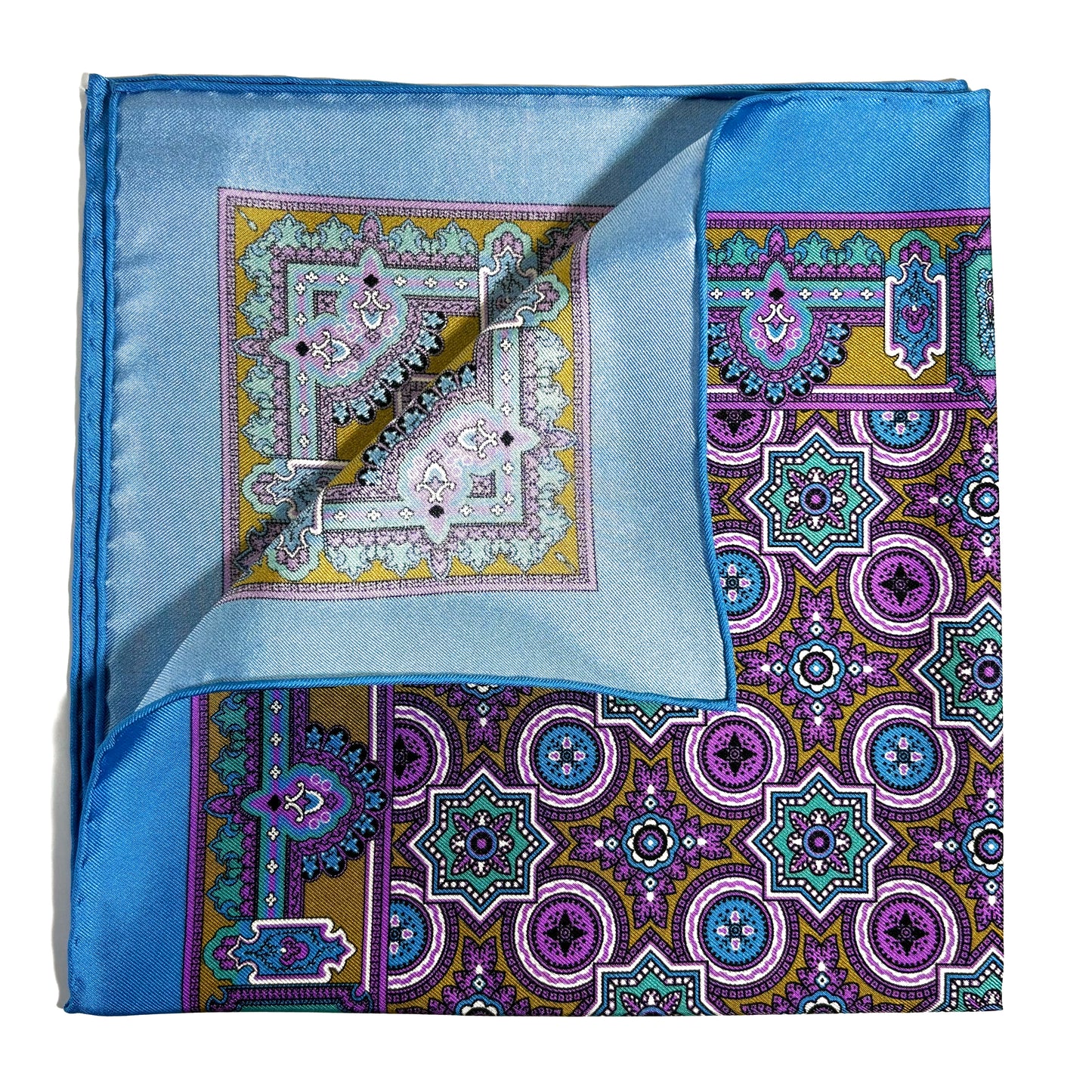 Light Blue & Gold Geometric Silk Pocket Square