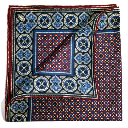 Navy Blue & Cream Small Geometric Ancient Madder Silk Pocket Square