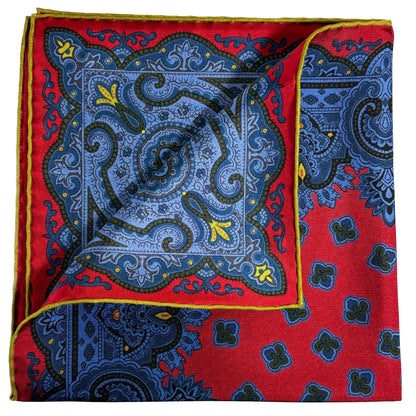 Red & Blue Medallion Ancient Madder Silk Pocket Square
