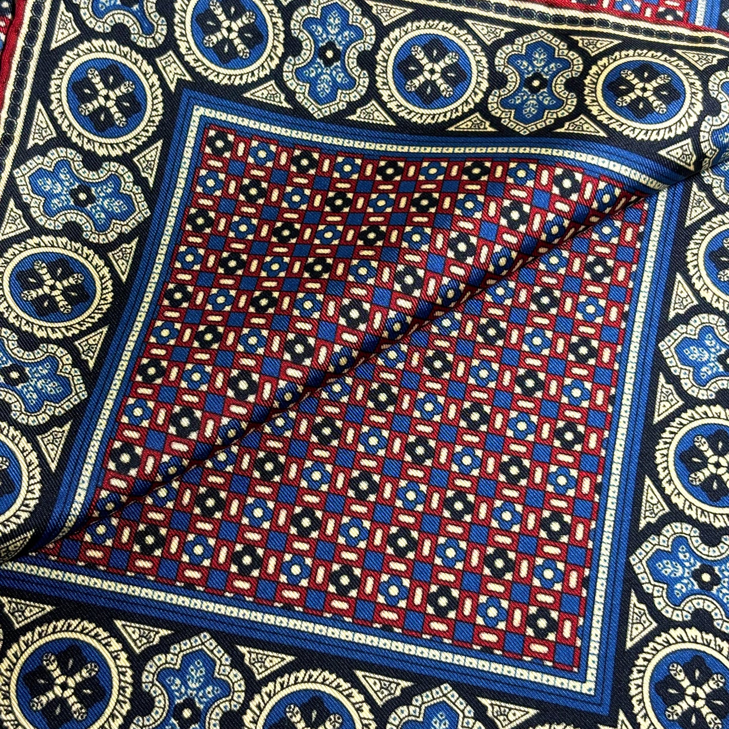 Navy Blue & Cream Small Geometric Ancient Madder Silk Pocket Square