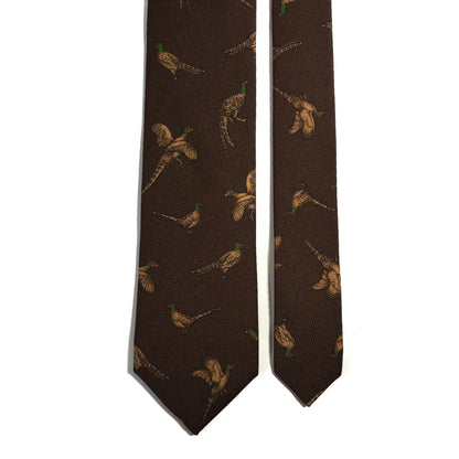 Brown Pheasant Print Italian Madder Silk Tie