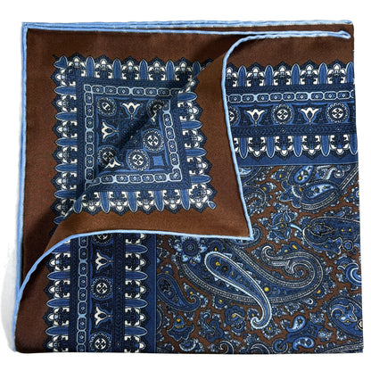 Brown & Blue Paisley Silk Pocket Square