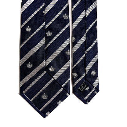 Navy Blue & Silver Regimental Stripe Jacquard Silk Tie w/ Crown Motif