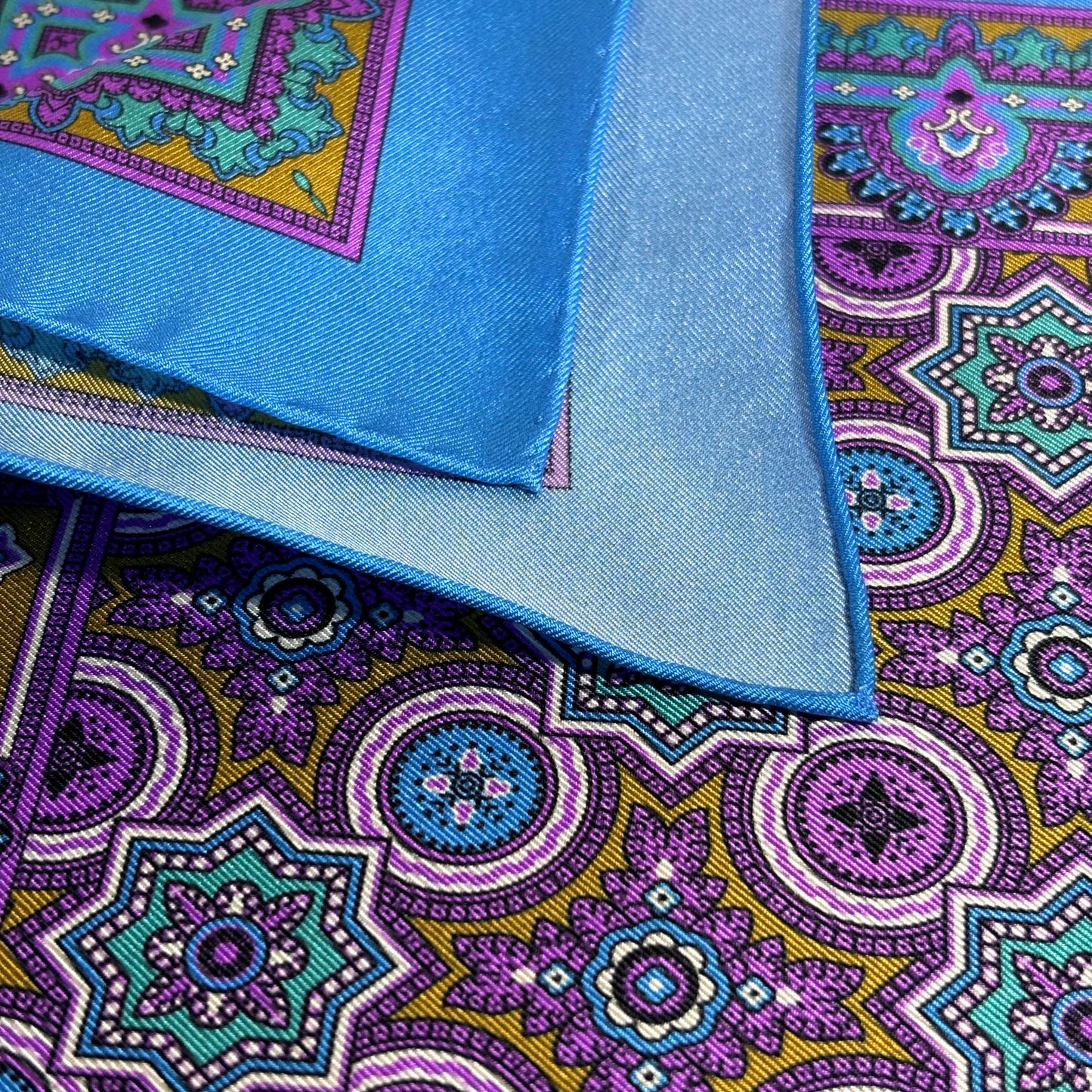 Light Blue & Gold Geometric Silk Pocket Square