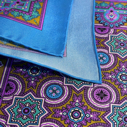 Light Blue & Gold Geometric Silk Pocket Square