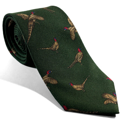Forest Green Pheasant Print Italian Madder Silk Tie