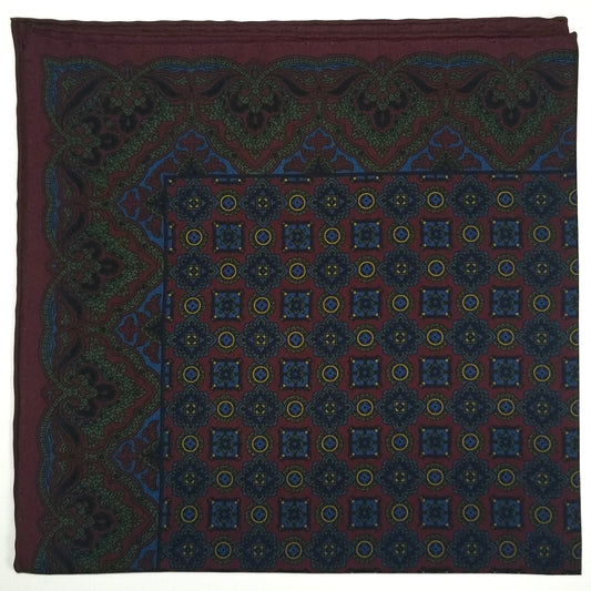 Screen-Printed Burgundy Geometric Ancient Madder Silk Pocket Square