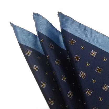 12.5" Navy Blue & Sky Blue Geometric Silk Twill Pocket Square