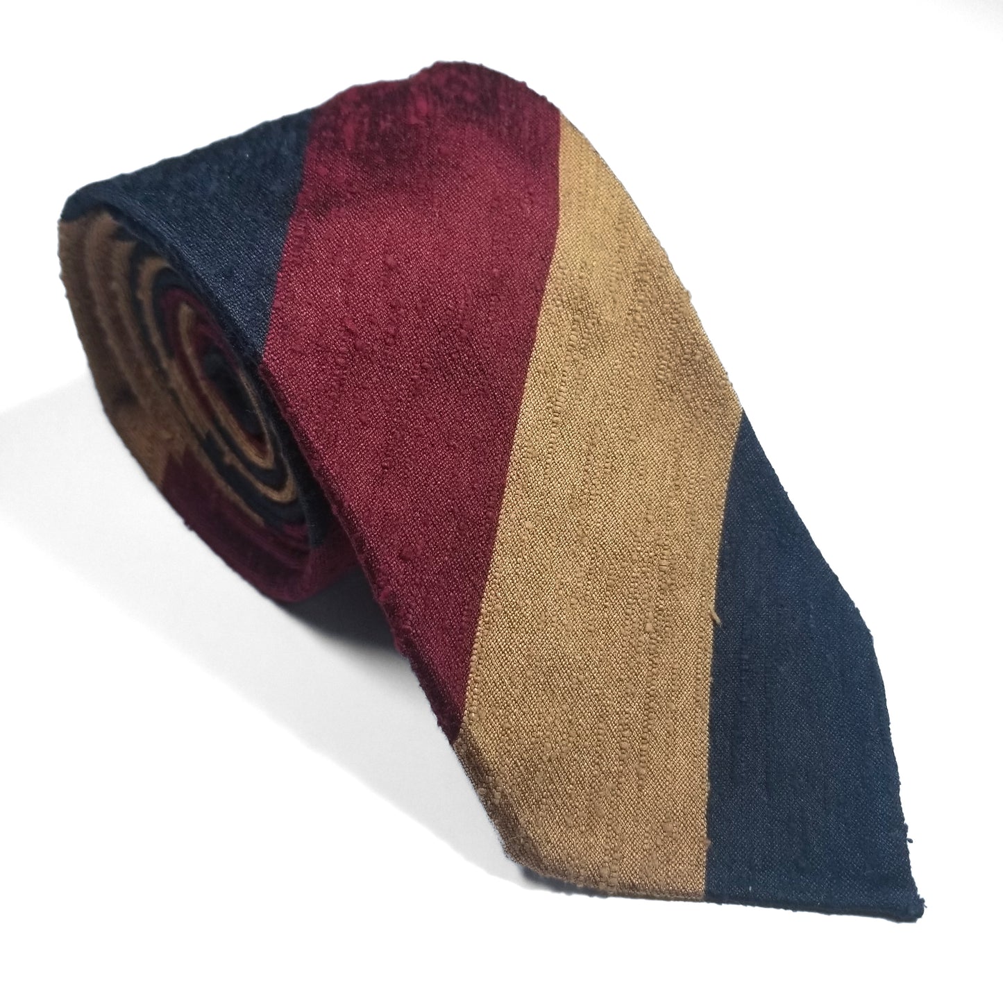 Burgundy / Navy Blue / Beige Block Stripe Untipped Silk Shantung Tie