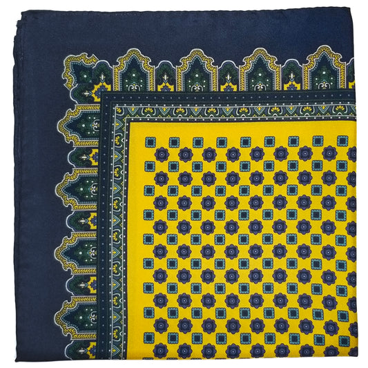 17" Yellow & Blue Geometric Silk Twill Pocket Square