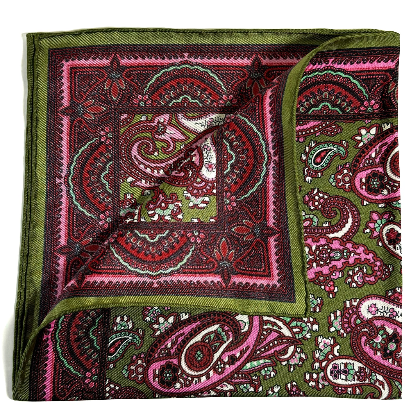 Olive Green & Pink Paisley Ancient Madder Silk Pocket Square
