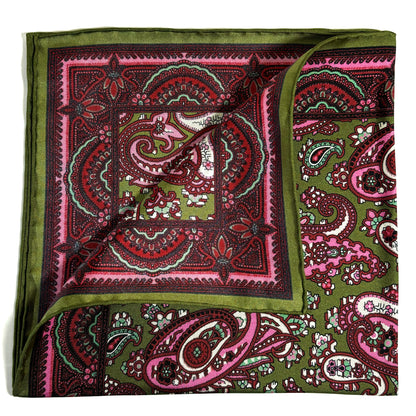 Olive Green & Pink Paisley Ancient Madder Silk Pocket Square