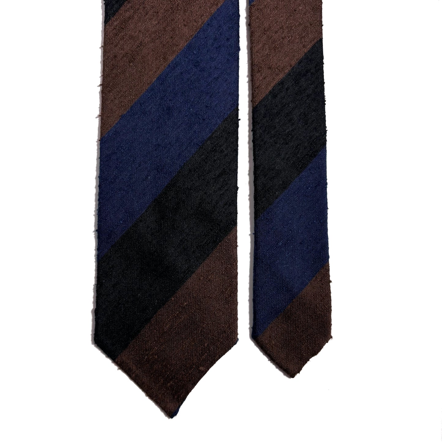 Untipped Blue / Brown Block Stripe Silk Shantung Tie