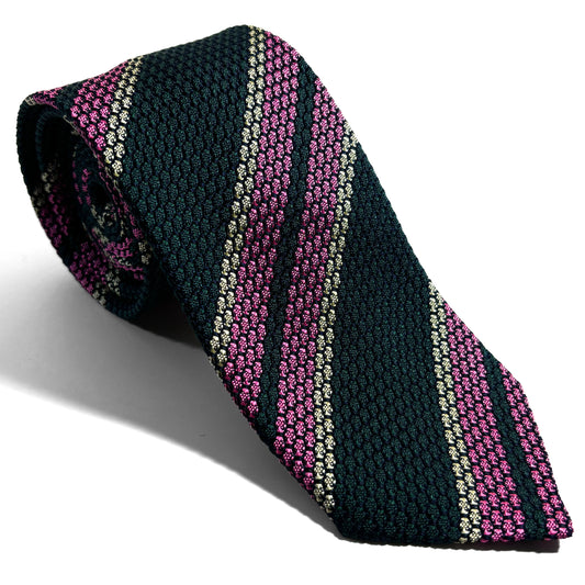 Forest Green & Pink Striped Silk Grenadine Tie (Garza Grossa)
