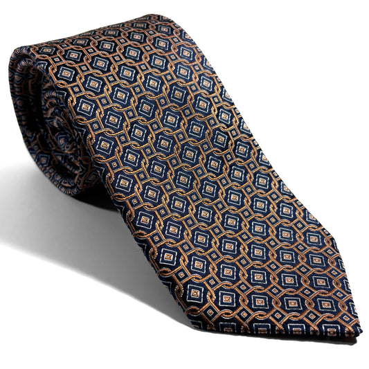 Navy Blue & Gold Geometric Silk Jacquard Tie