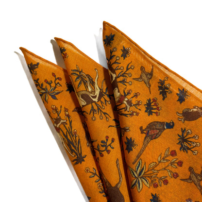 Terra - Floral Animal Motif - Mustard Yellow - Wool/Silk Pocket Square