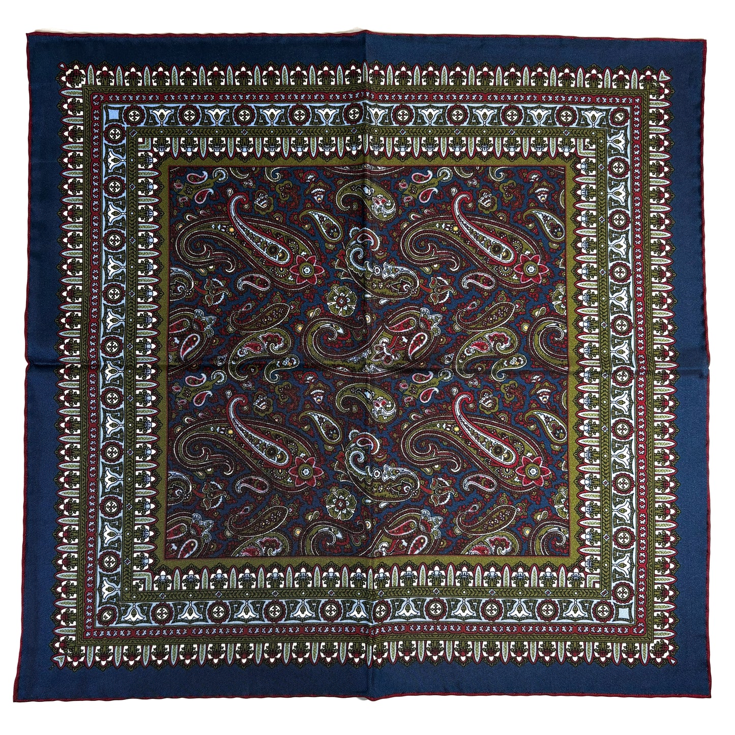 Navy Blue & Red Green Paisley Silk Pocket Square