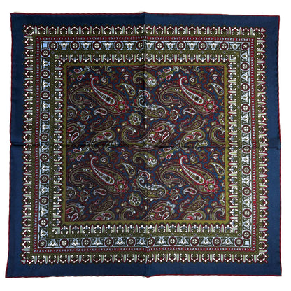 Navy Blue & Red Green Paisley Silk Pocket Square
