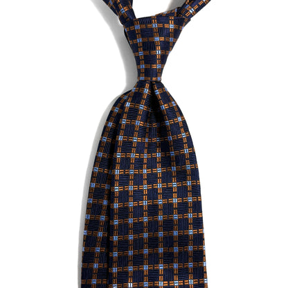 Navy Blue & Copper Checked Jacquard Silk Tie