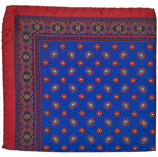 12.5" Royal Blue / Red Paisley Silk Twill Pocket Square