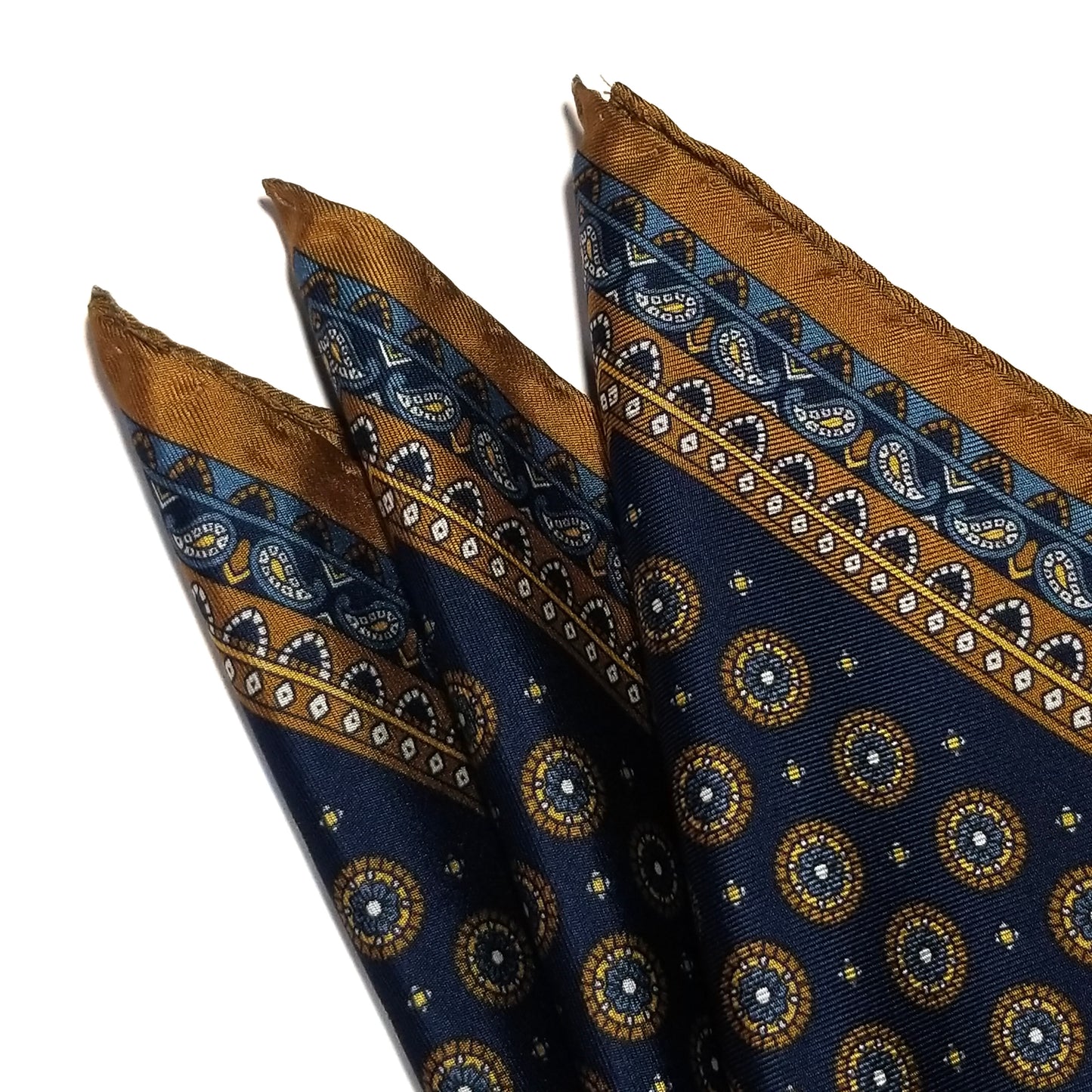 17" Navy Blue / Burnt Orange Medallion Silk Twill Pocket Square