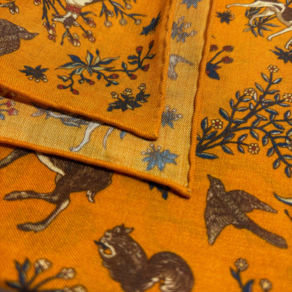 Terra - Floral Animal Motif - Mustard Yellow - Wool/Silk Pocket Square