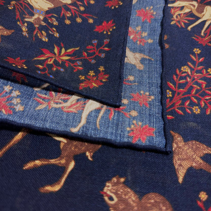 Terra - Floral Animal Motif - Navy Blue - Wool/Silk Pocket Square