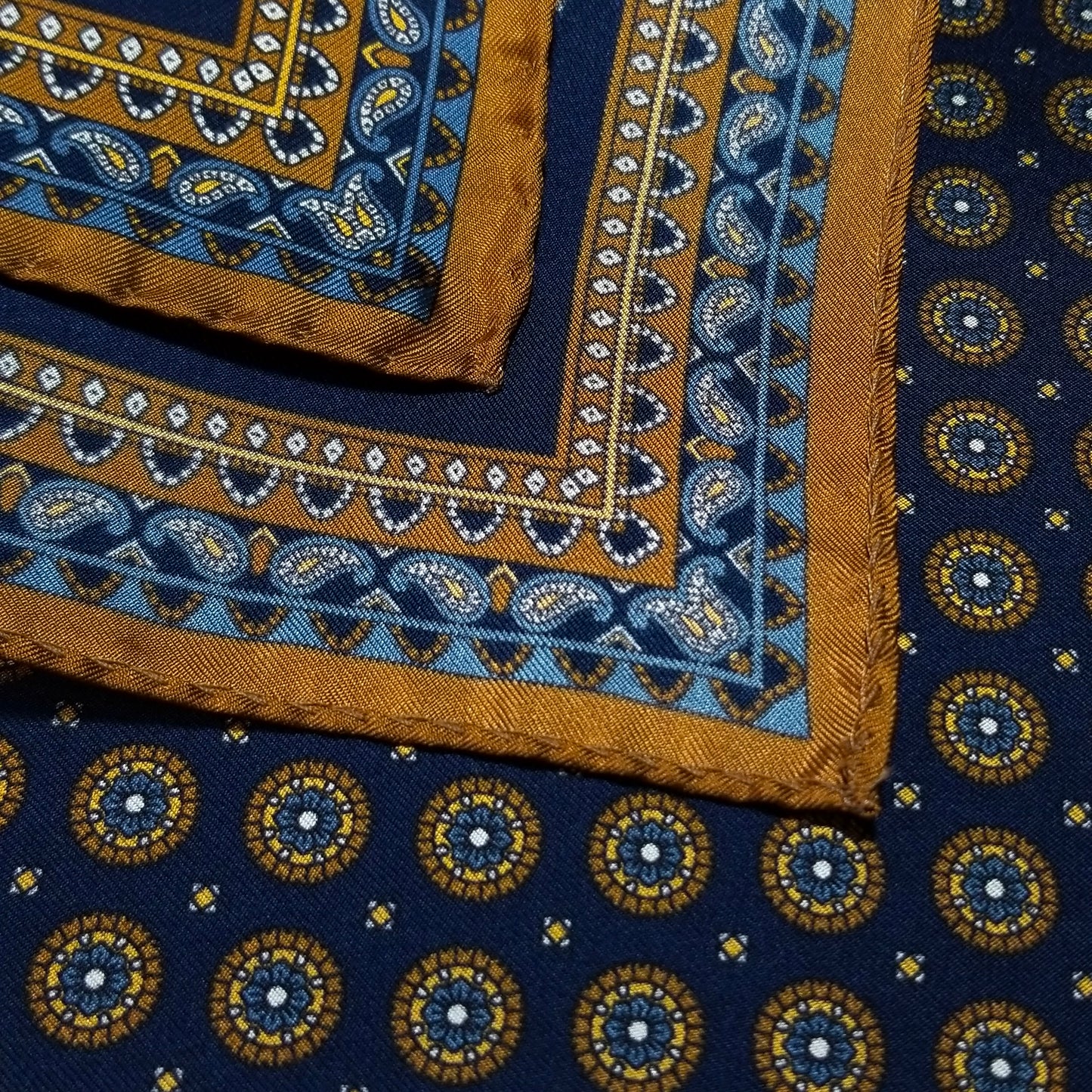 17" Navy Blue / Burnt Orange Medallion Silk Twill Pocket Square