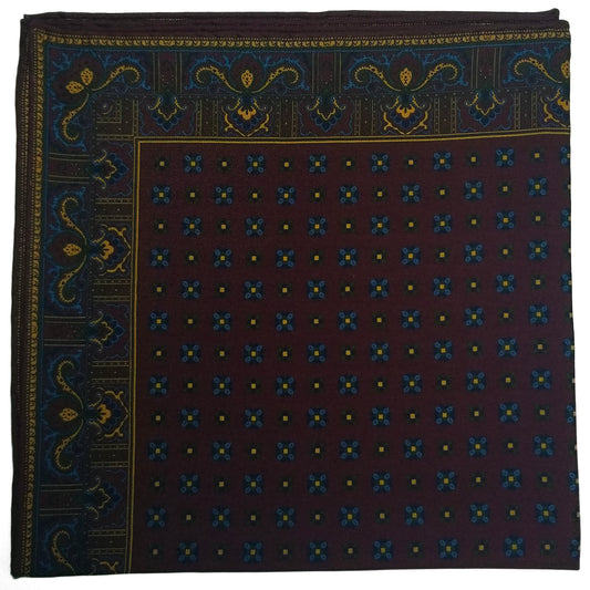 Screen-Printed Burgundy Geometric Ancient Madder Silk Pocket Square