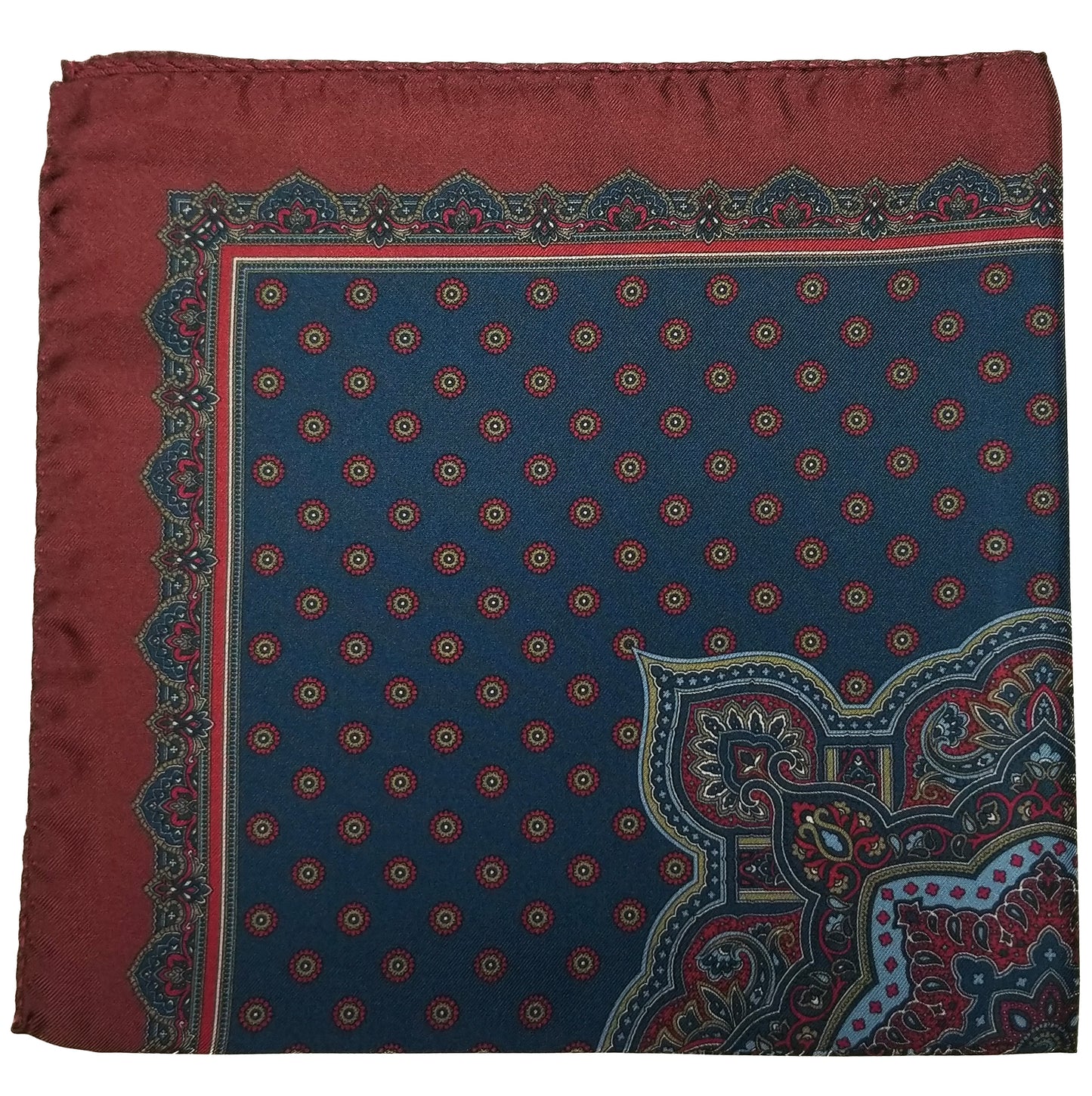 17" Blue / Red Geometric Silk Twill Pocket Square