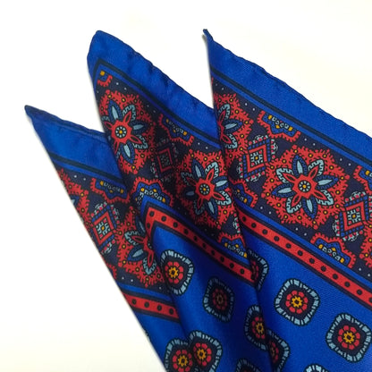 12.5" Royal Blue Geometric Medallion Silk Twill Pocket Square