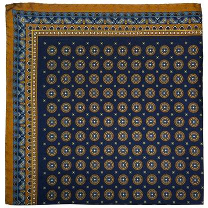 17" Navy Blue / Burnt Orange Medallion Silk Twill Pocket Square