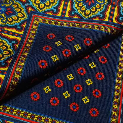 12.5" Navy Blue / Red / Yellow Floral Silk Twill Pocket Square