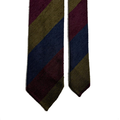 Untipped Navy Blue / Olive Green / Burgundy Block Stripe Silk Shantung Tie