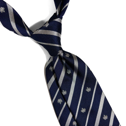 Navy Blue & Silver Regimental Stripe Jacquard Silk Tie w/ Crown Motif