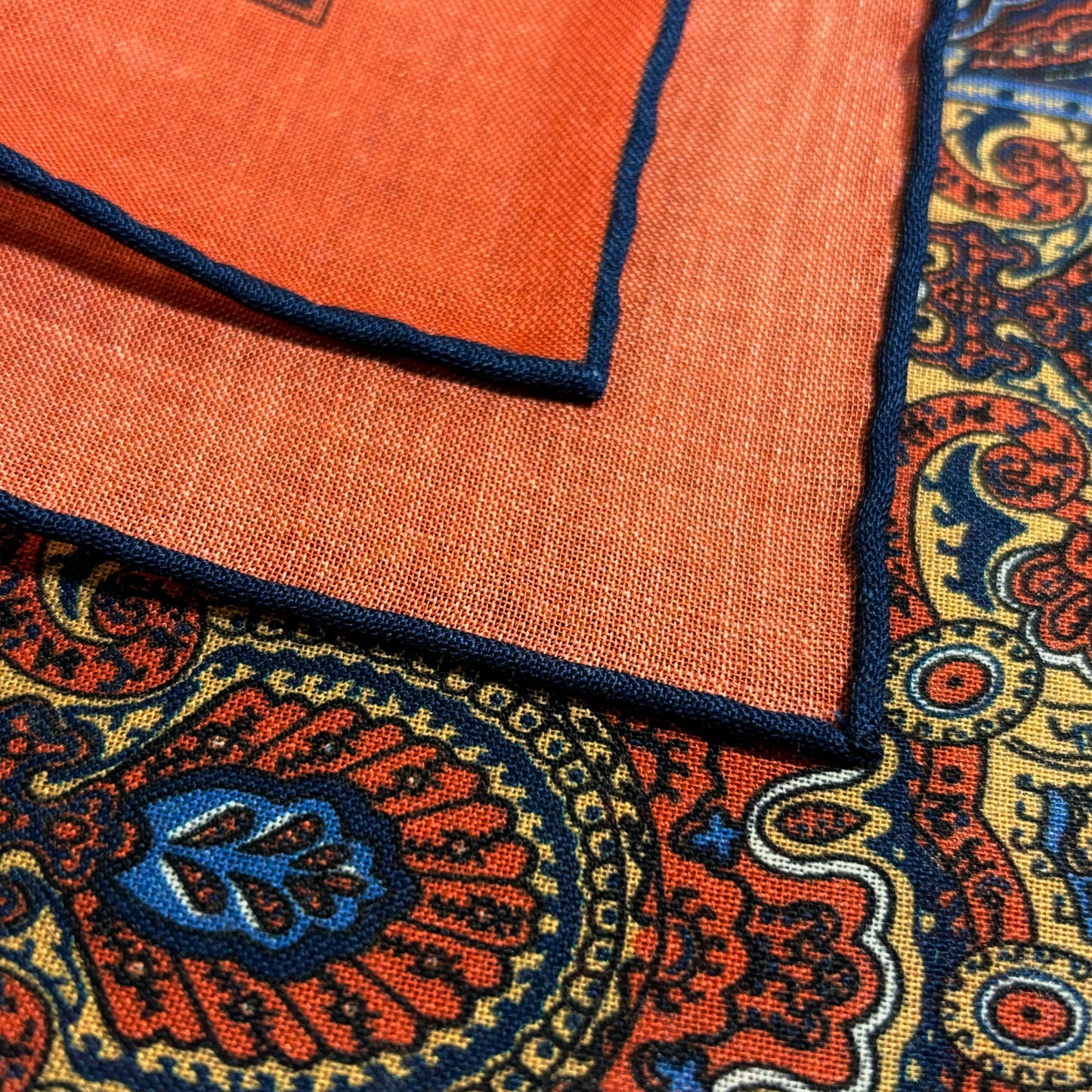 Dominus - Orange & Navy Blue - Wool/Silk Pocket Square